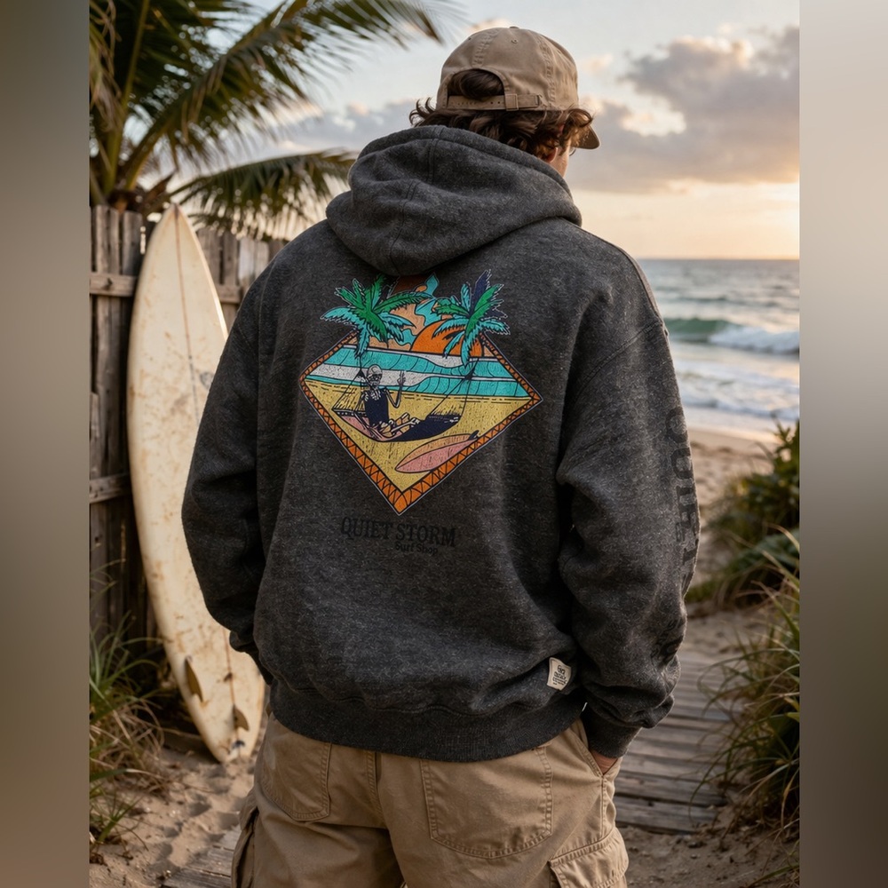 Quiet Storm Surf Shop Gray Graphic Hoodie Skeleton Surf Back Size Medium
